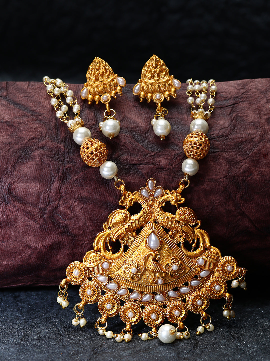 Women's Gold Plated Maa Laxmi Stone Studded Necklace With Earrrings