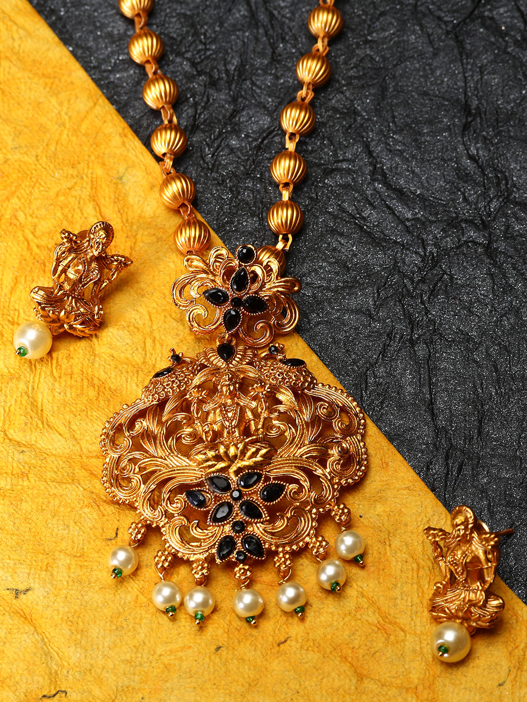 Women's Gold Plated Maa Laxmi Stone Studded Necklace With Earrrings