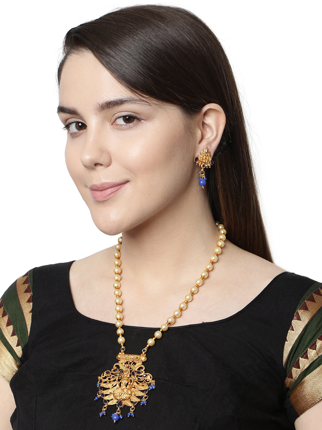 Women's Antique Matte Gold Finish Blue Stone Studded Temple Jewellery set