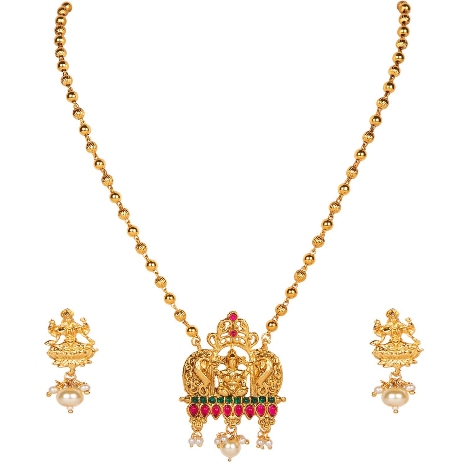 Women's Antique Matte Gold Finish Red And Green Stone Studded Temple Jewellery set