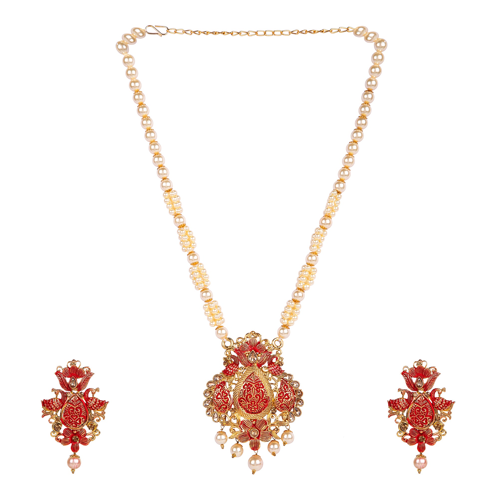 Women's Antique Matte Gold Finish Maroon Stone Studded Temple Jewellery set
