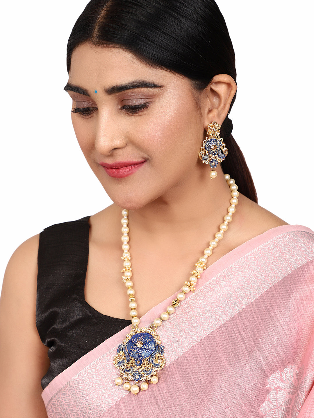 Women's Antique Matte Gold Finish Maroon Stone Studded Temple Jewellery set