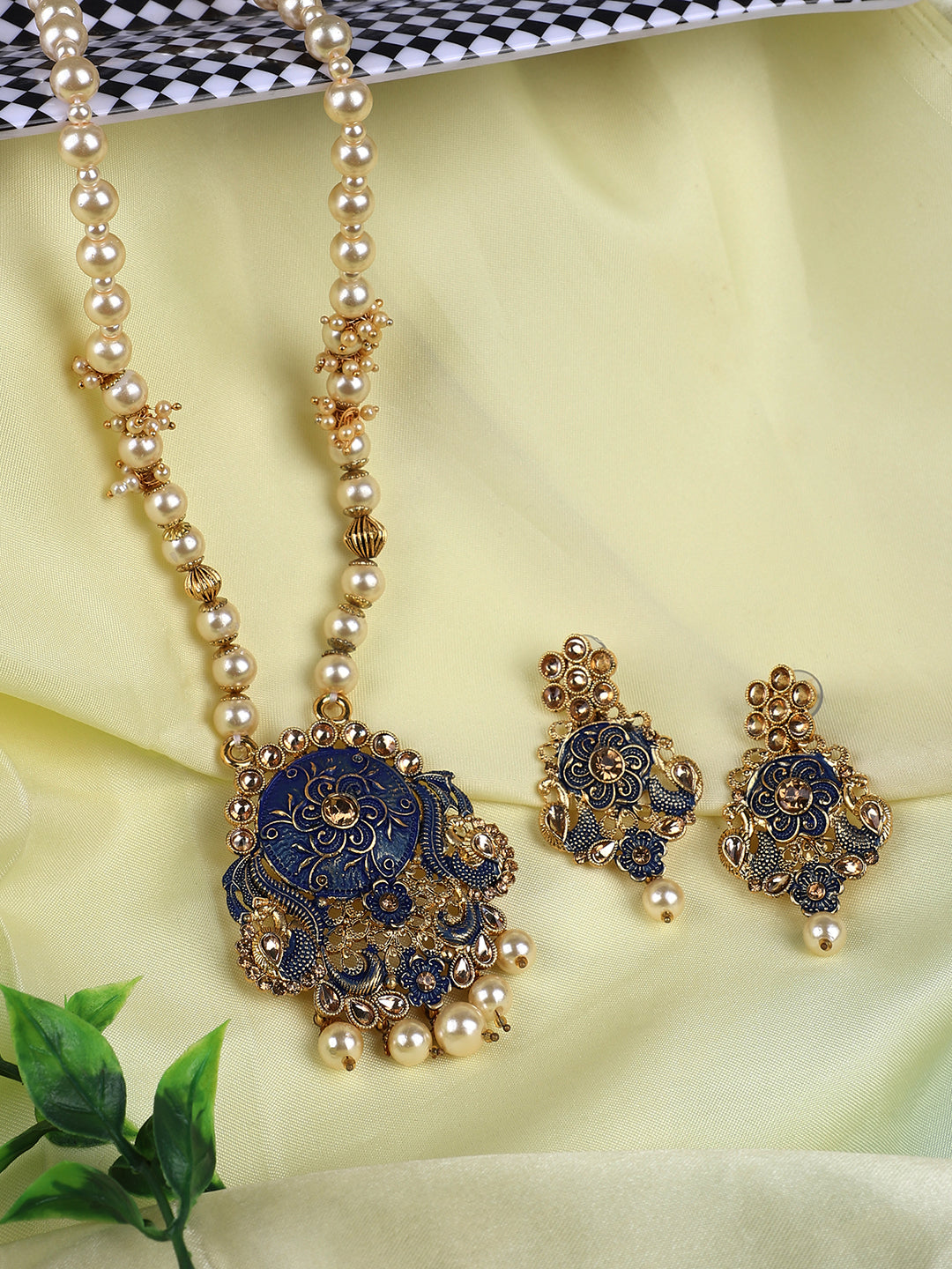 Women's Antique Matte Gold Finish Maroon Stone Studded Temple Jewellery set