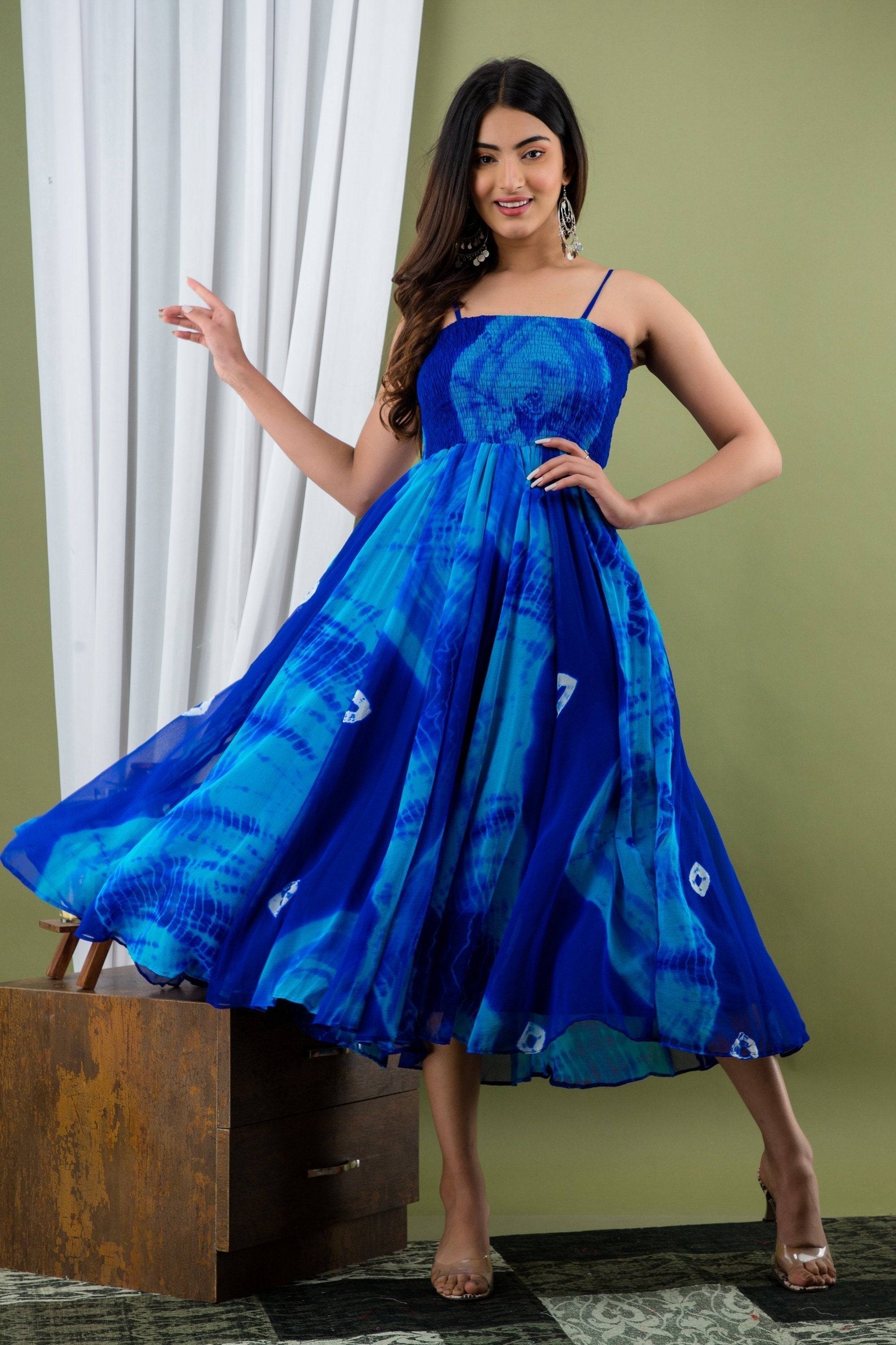 Women's Blue Tie Dye A-Line Fit And Flare Maxi Dress