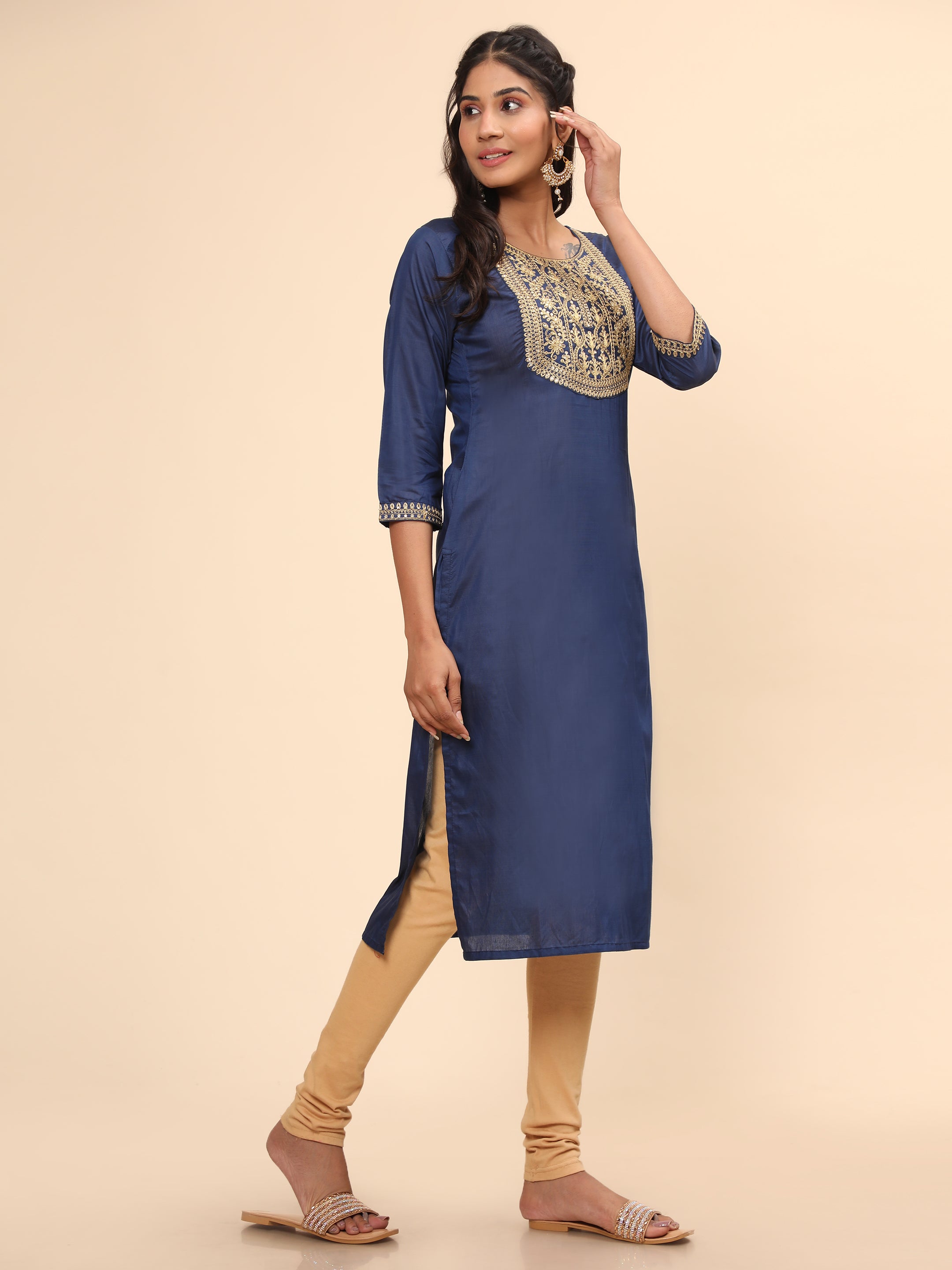 Women's Embroidered Straight Chanderi Blue Stitched Kurta