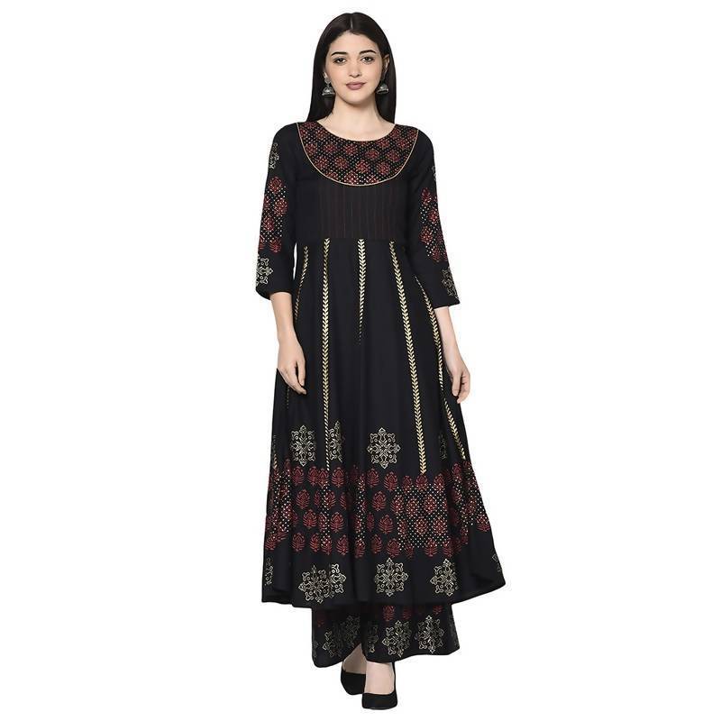 Women's Black Rayon Block print Anarkali kurta