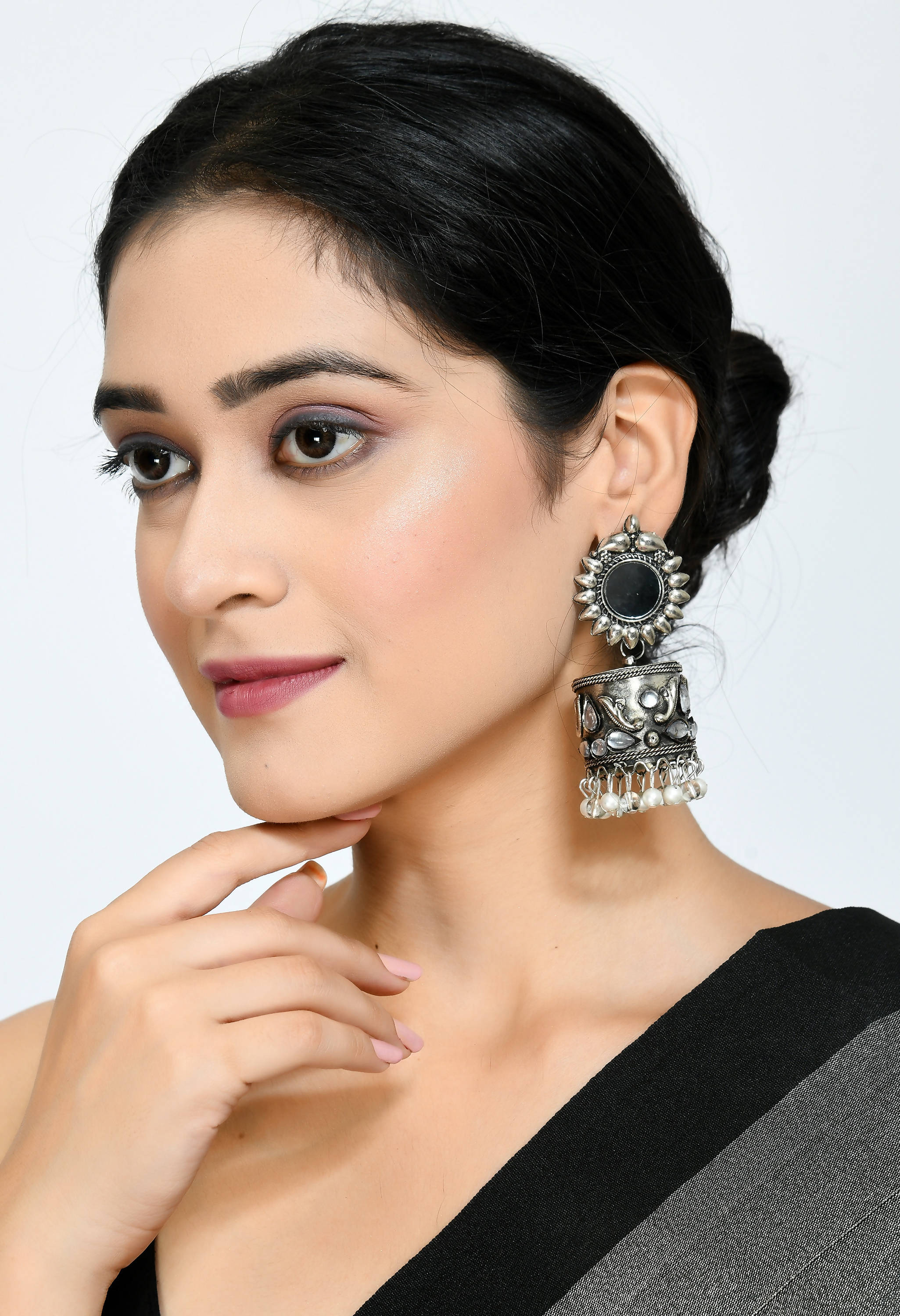 Women Silver Oxydised Jhumkas by Kamal Jo