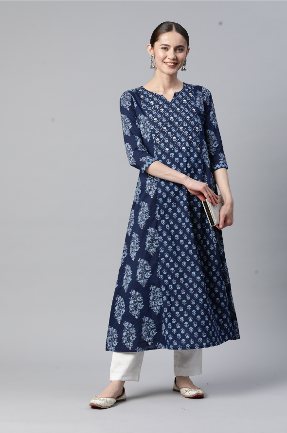 Women's Print & Hand Work A-Line Cotton Blue Stitched Kurta