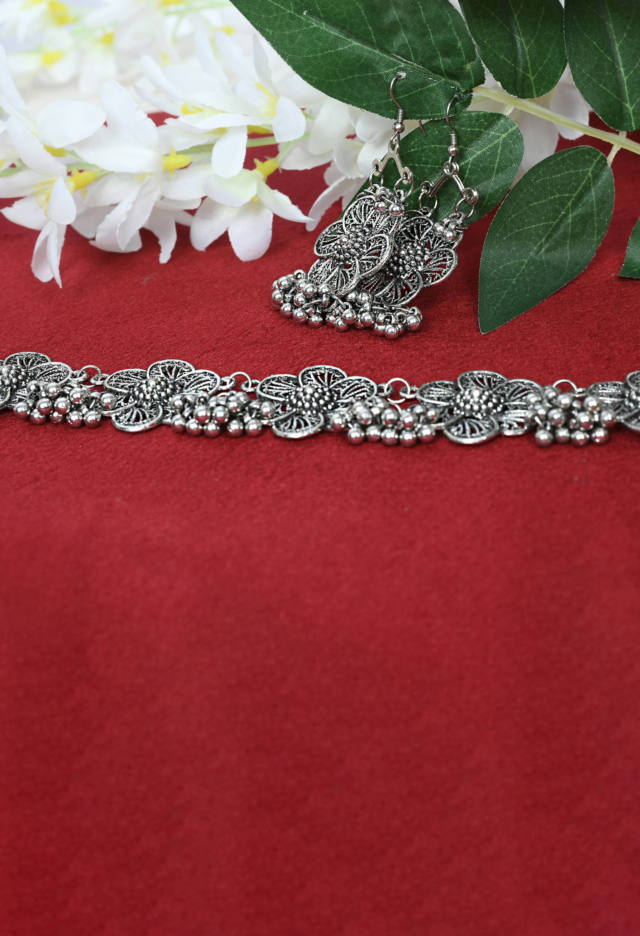 Trendia Silver color Oxidised Necklace Set With Gh