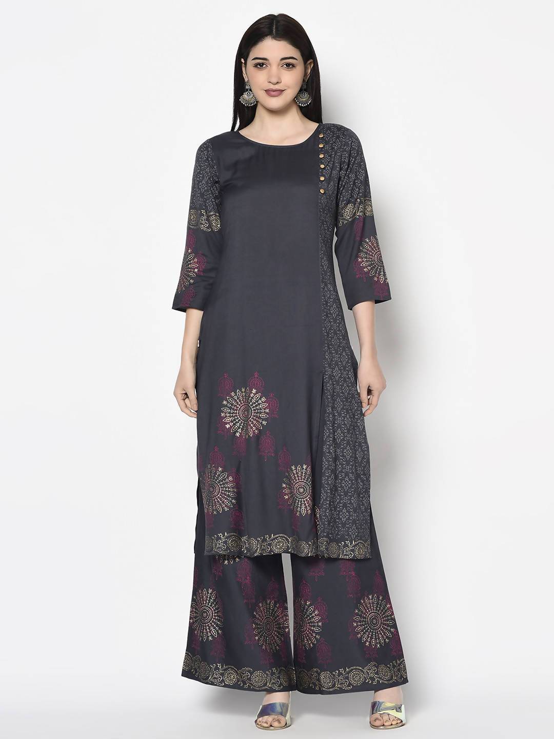Women's Dark grey Rayon Block print straight kurta Palazzo set