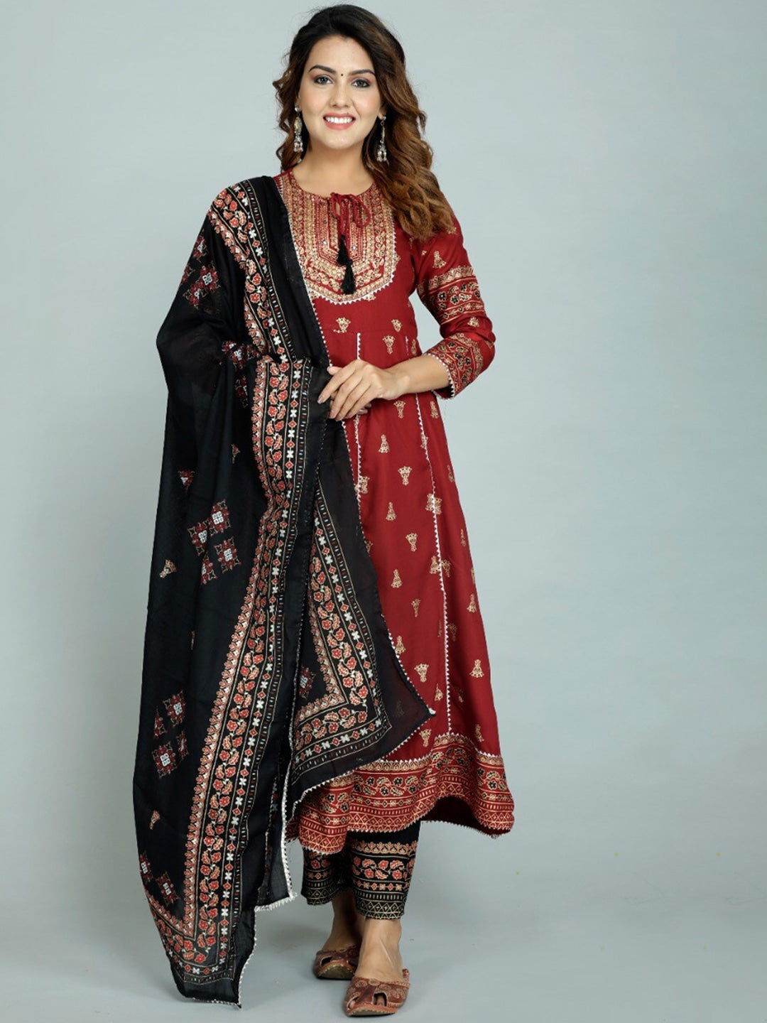 Women's Red Embroidered Panelled Kurti With Trousers & With Dupatta