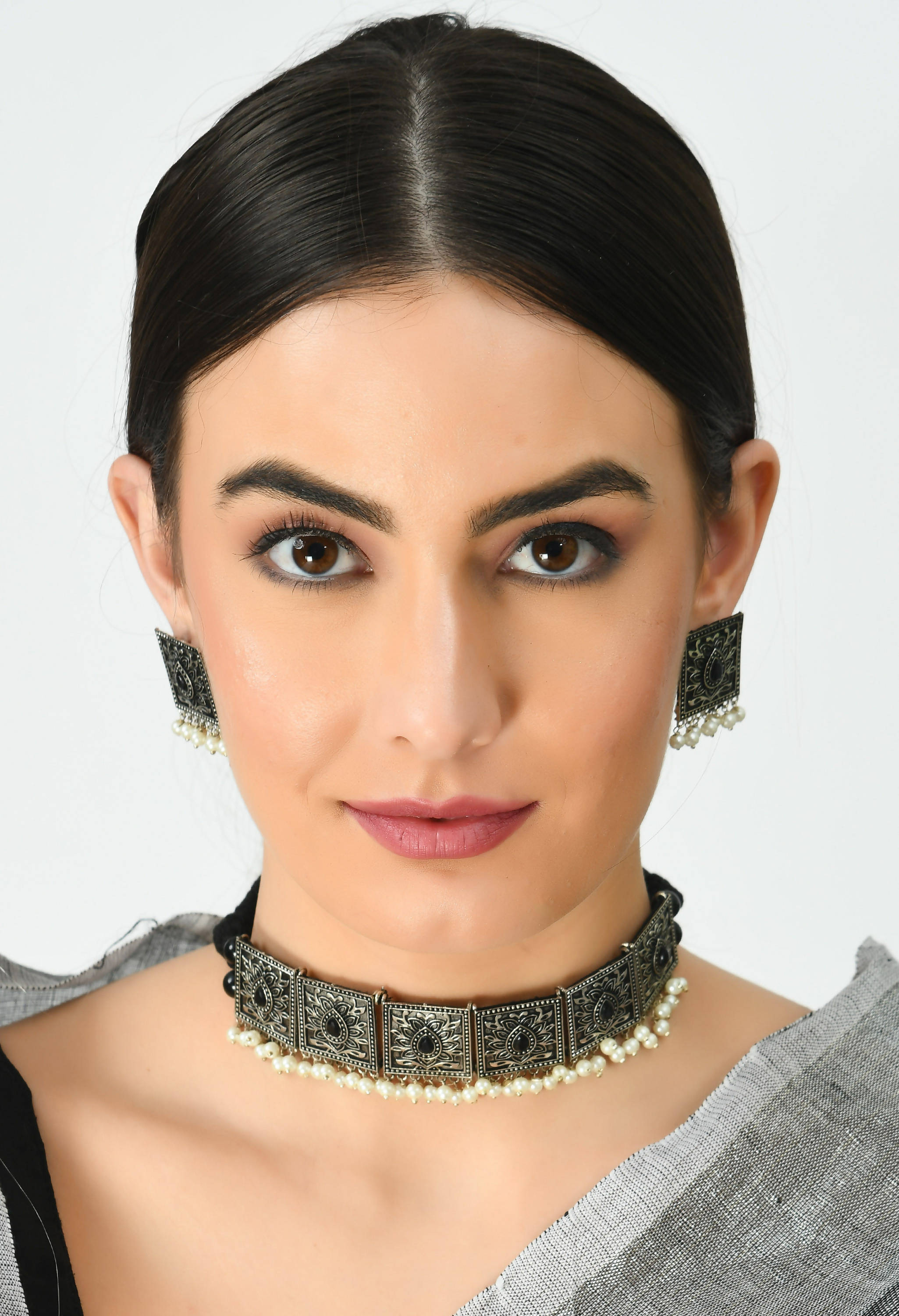 Kamal Johar Oxidised Silver-Plated Black Nacklace with Ear
