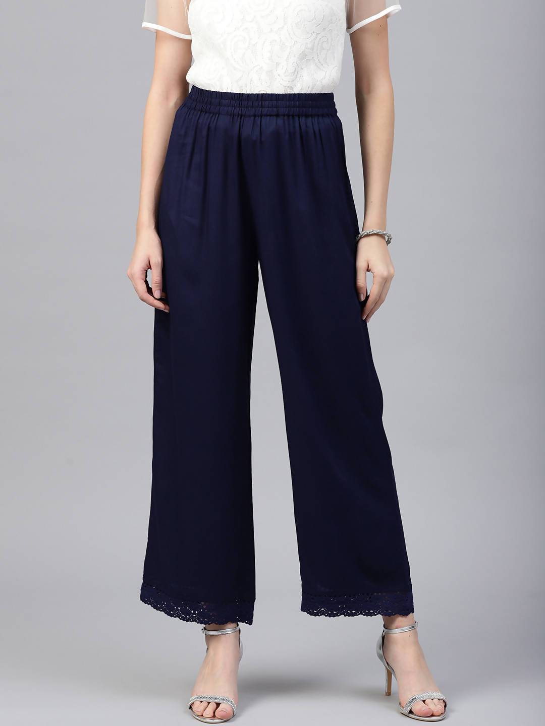Buy_Women's_Navy_Rayon_Embellished_Wide-Leg_Palazzo_Online_Trendia