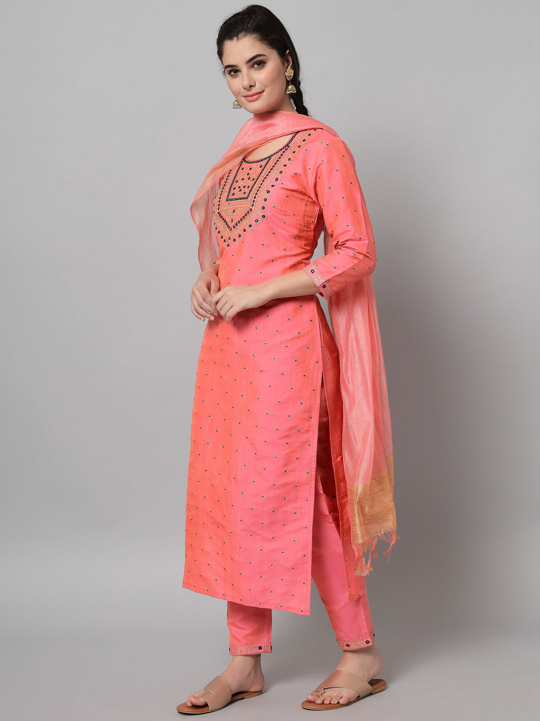 Women's Embroidered Pink Kurta With Pink Trousers And Dupatta