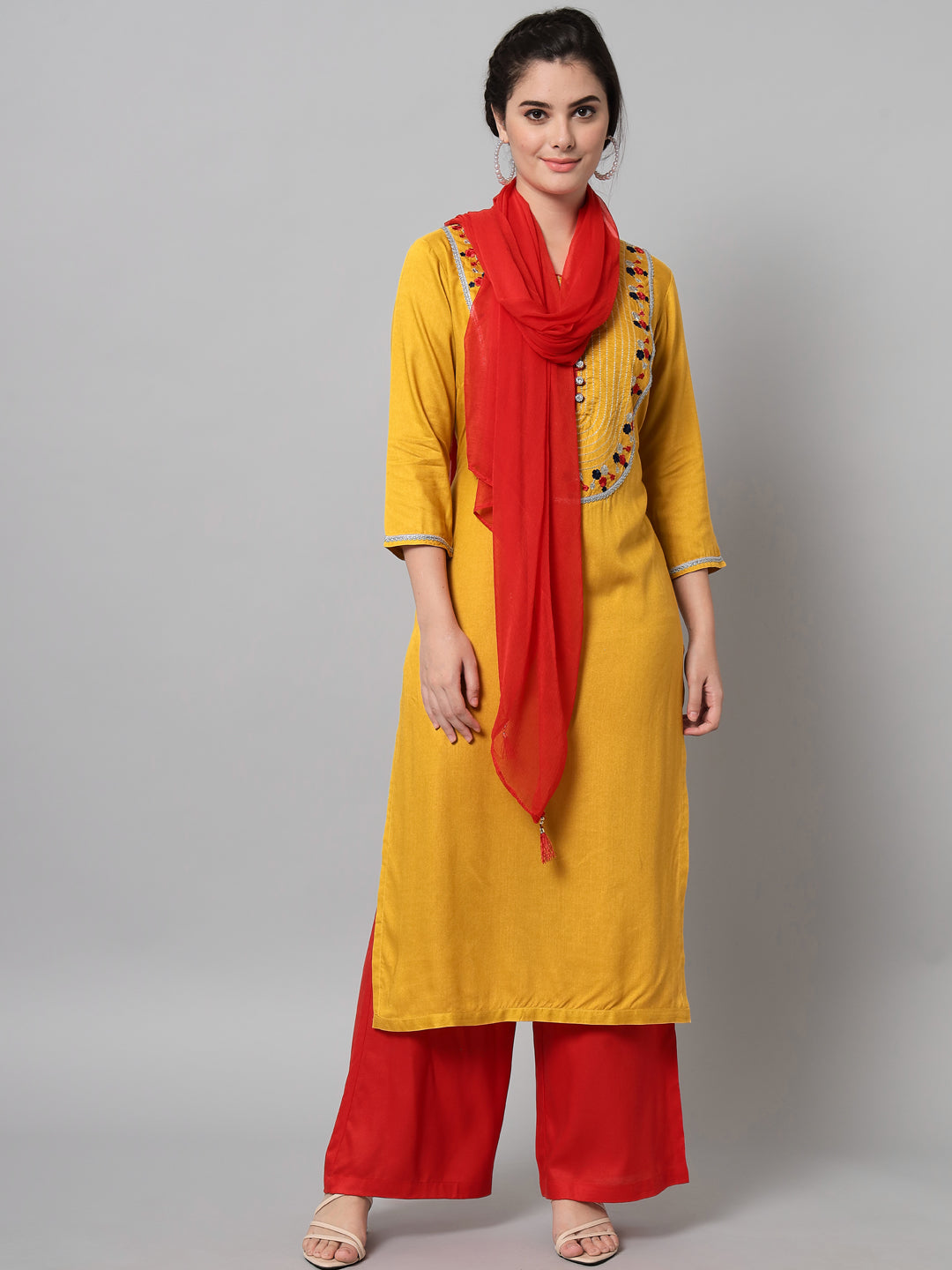 Women's Mustard Rayon Embroidered Kurta Trouser Set With Dupatta