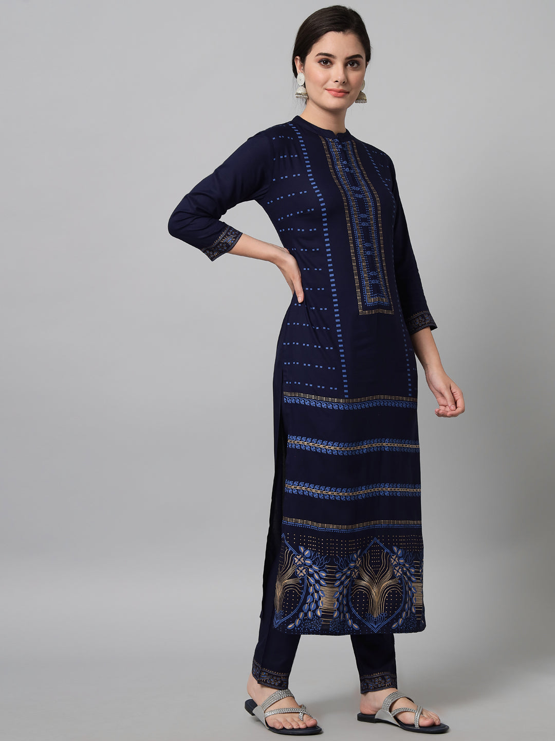 Women's Navy Blue Printed Kurta Trouser Set