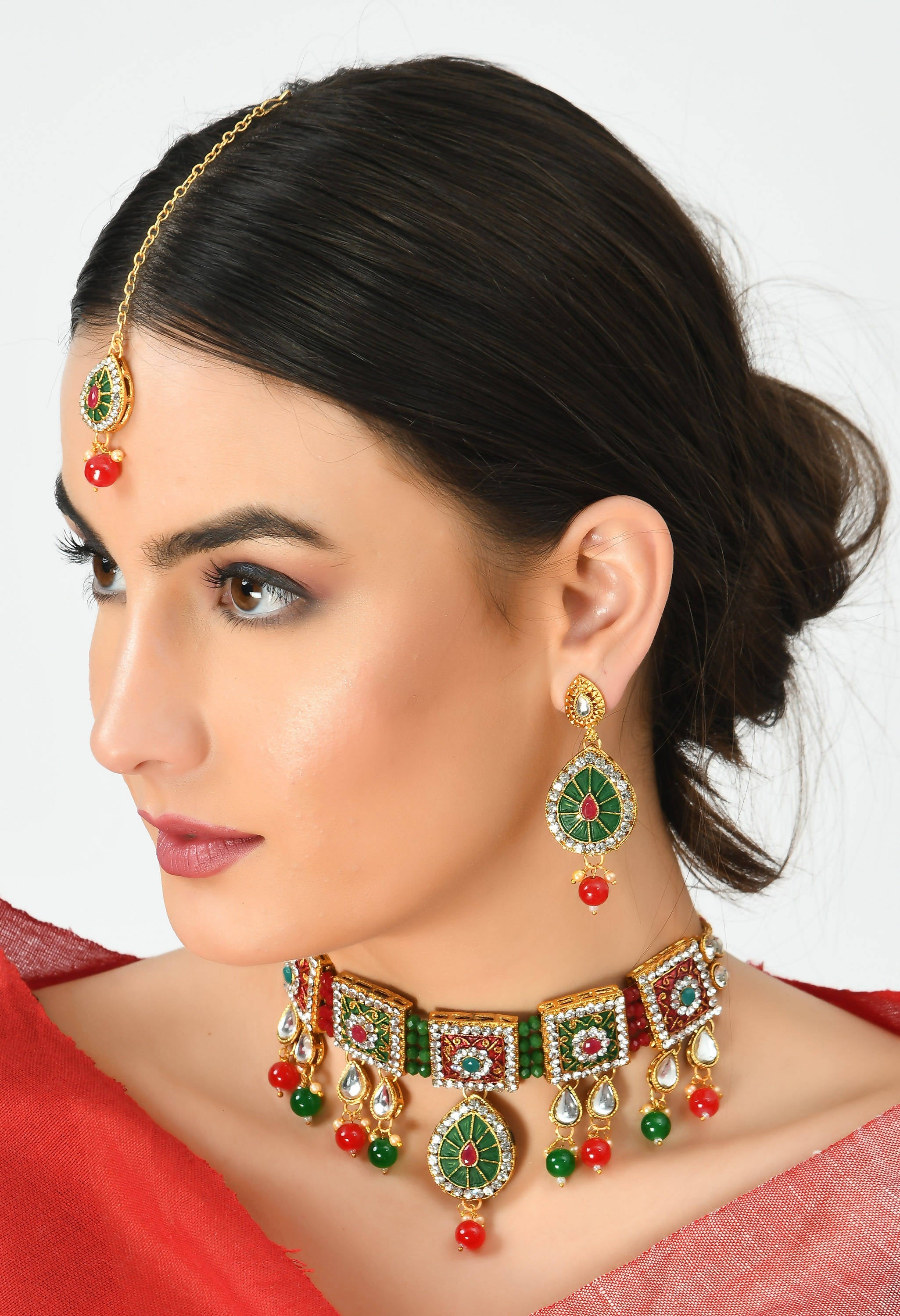 Kamal Johar Gold-Plated Chokar Necklace Multi color with Earring &