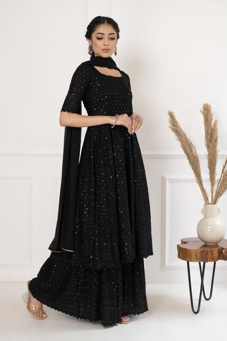 Women's Black Embroidered Dress With Dupatta