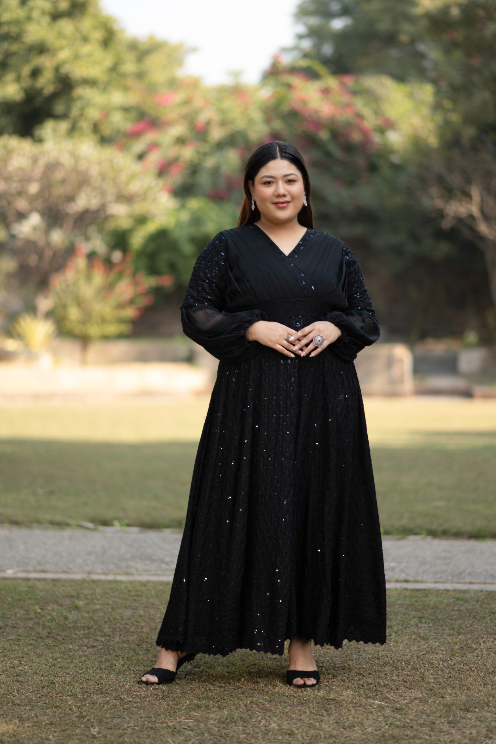 Women's Black Sequin & Chikankari Midi Dress