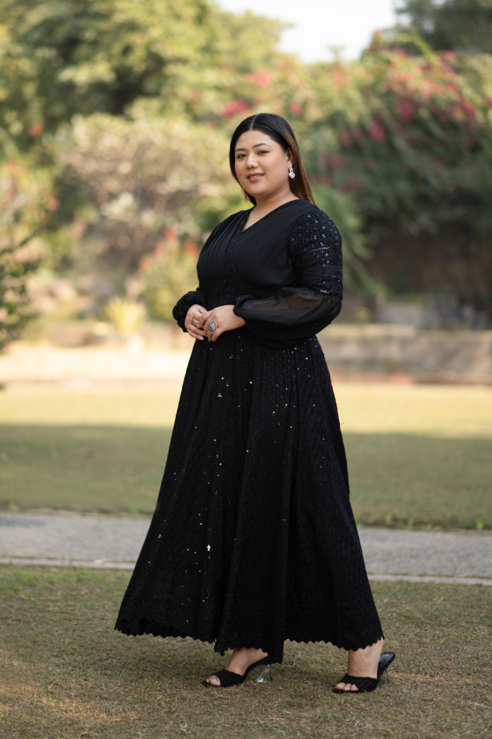 Women's Black Sequin & Chikankari Midi Dress