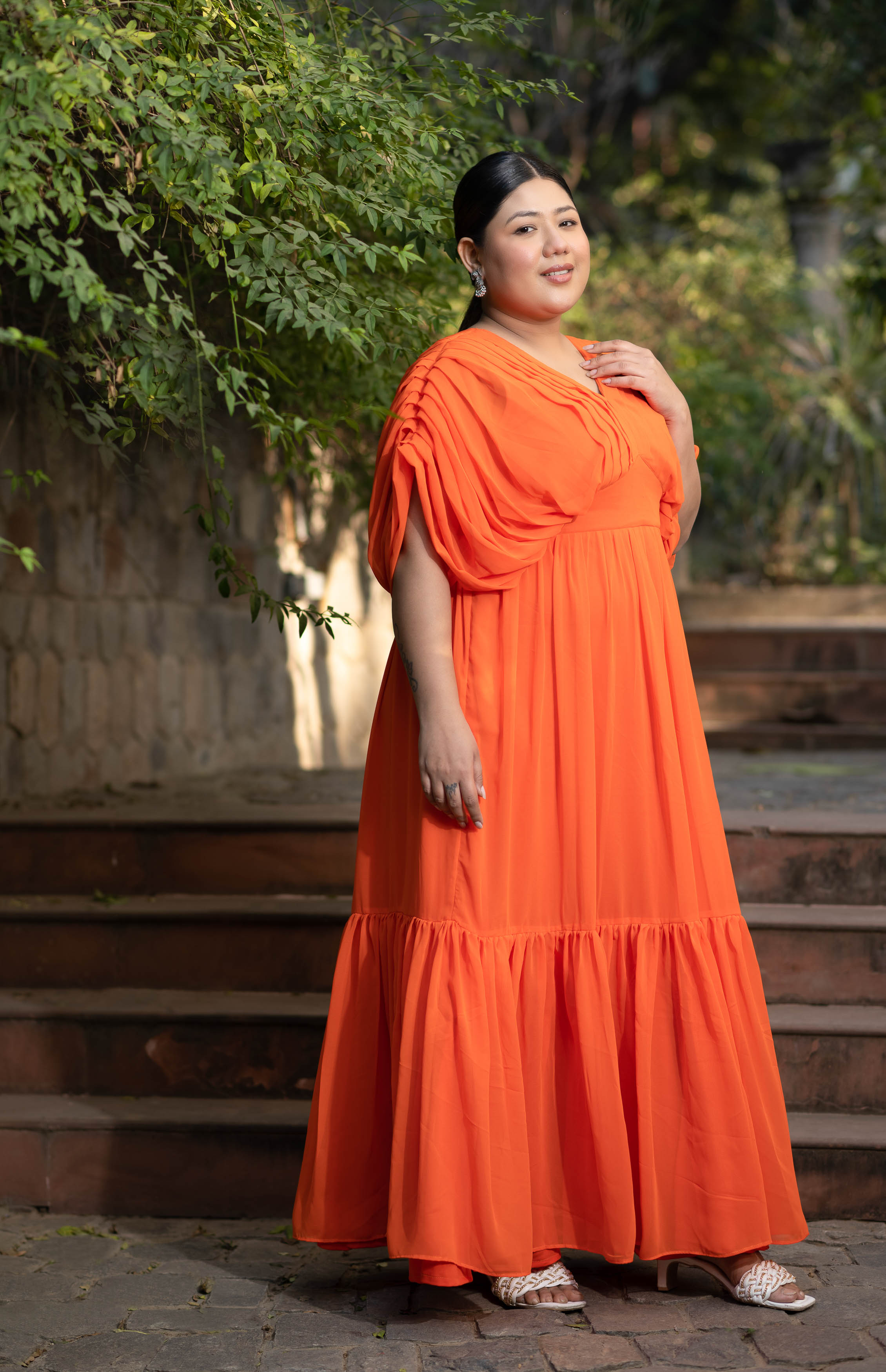 Women's Plus Size Orange Pleated Gown