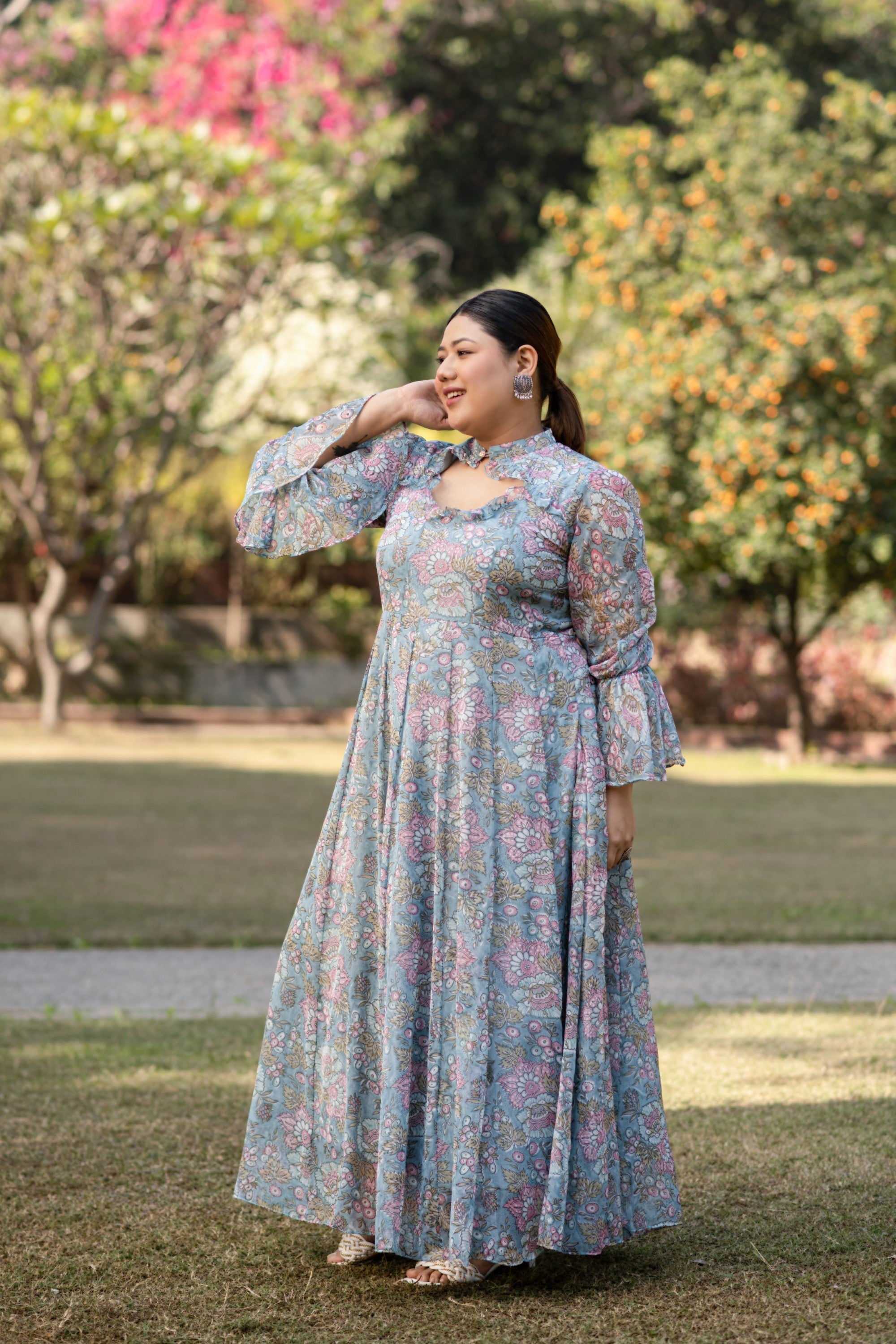 Women's Turquoise Blue Printed Maxi Dress - Saras The