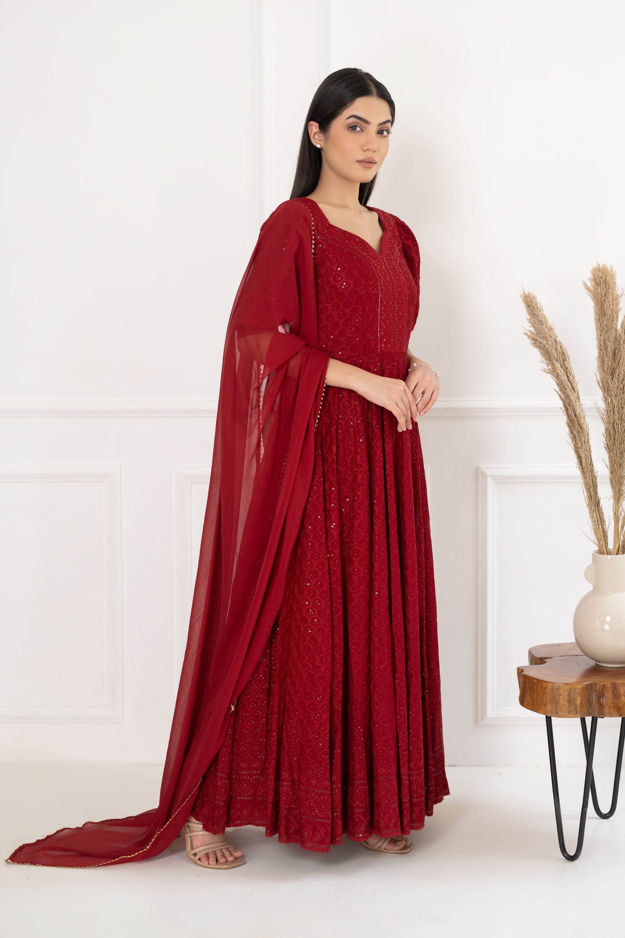 Women's Red Sequin Embroidered Dress With Dupatta