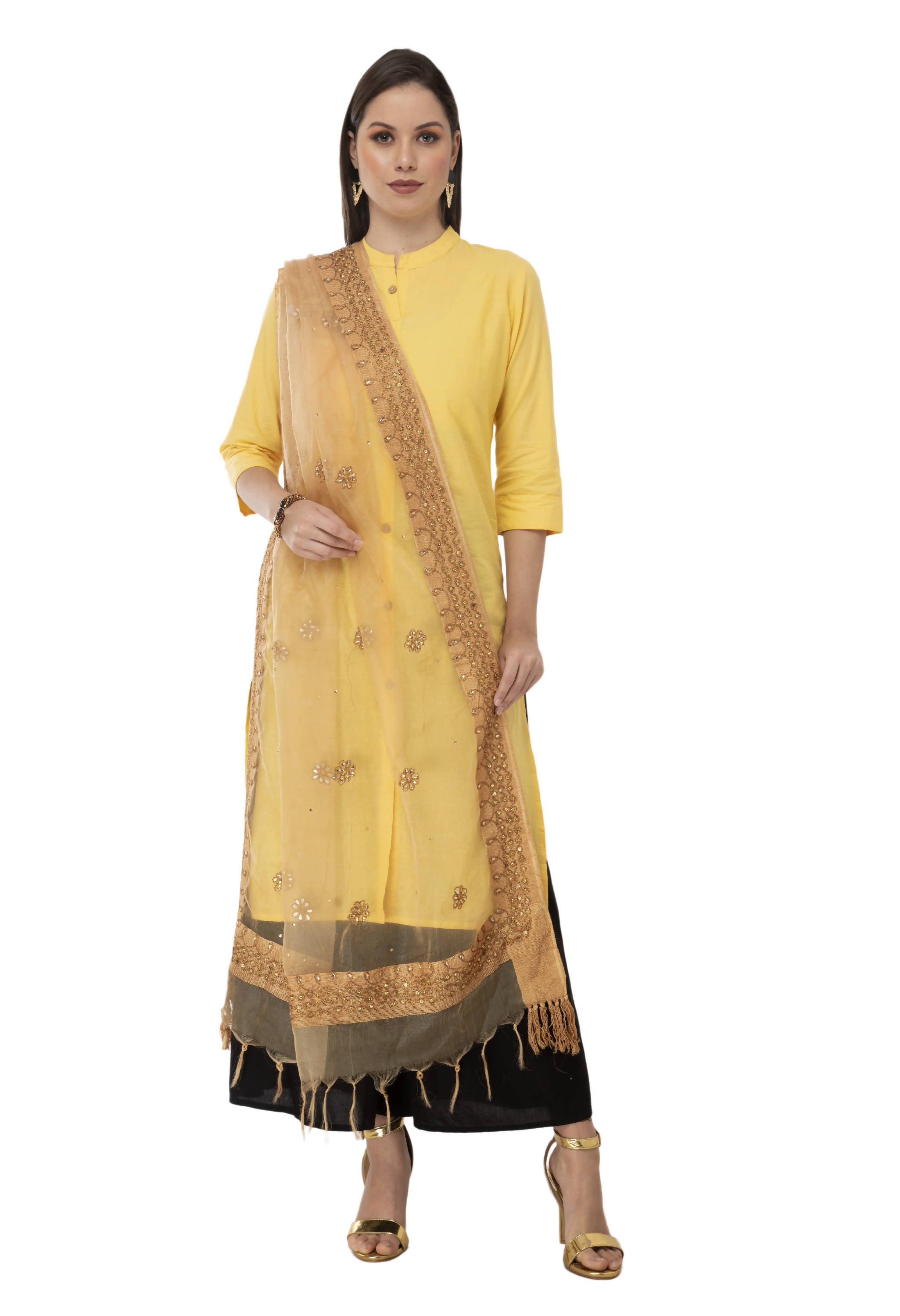 Women's Orgenza Nug Embroidery Golden Dupatta & Chunni Mfd0001