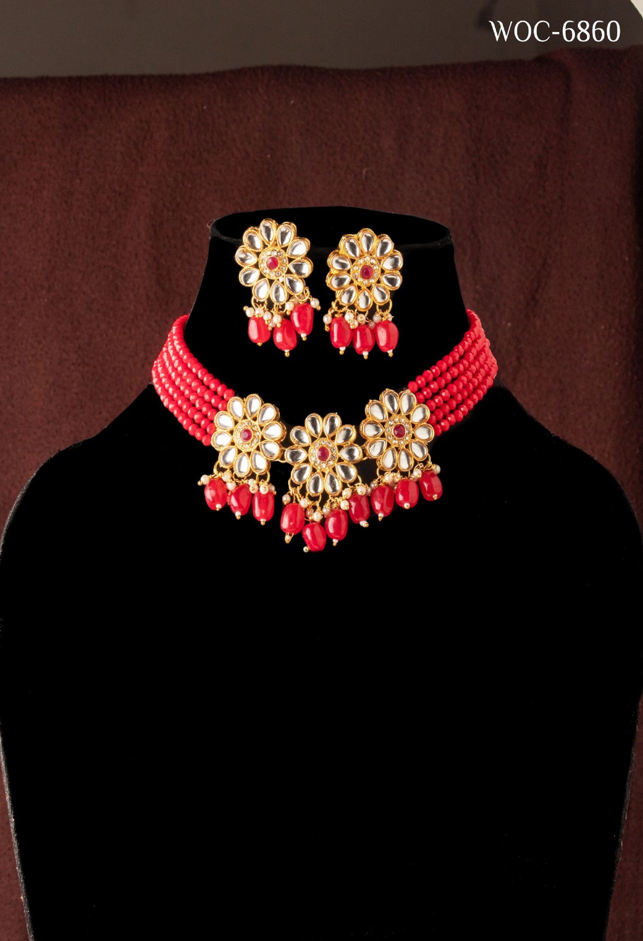 Women's Women's Red Beads Pearls Gold-Plated JewellerySet