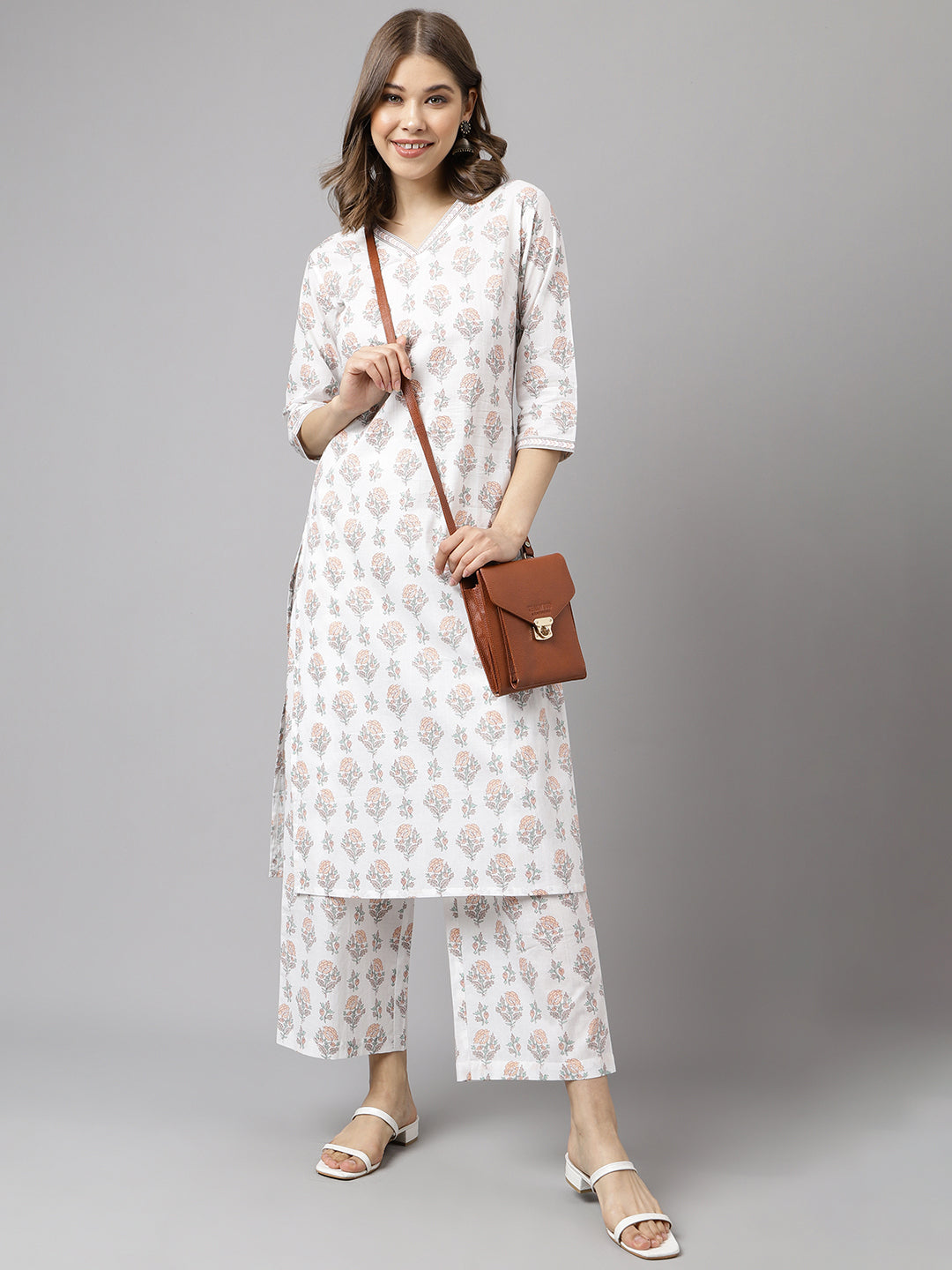 Women's White Cotton A-Line Kurta Palazzo Set
