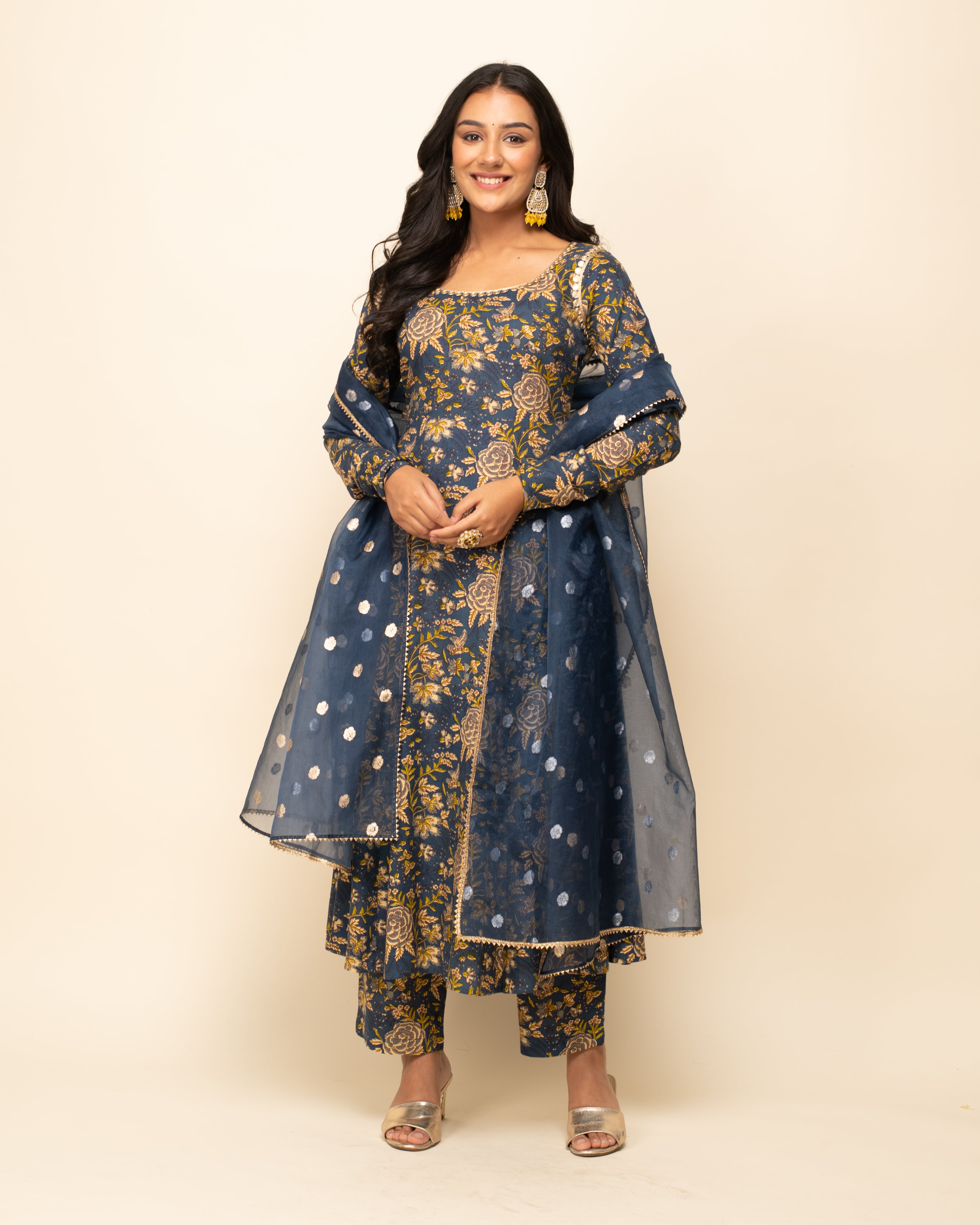Women's Navy Blue Cotton A-Line Kurta Pant With dupatta